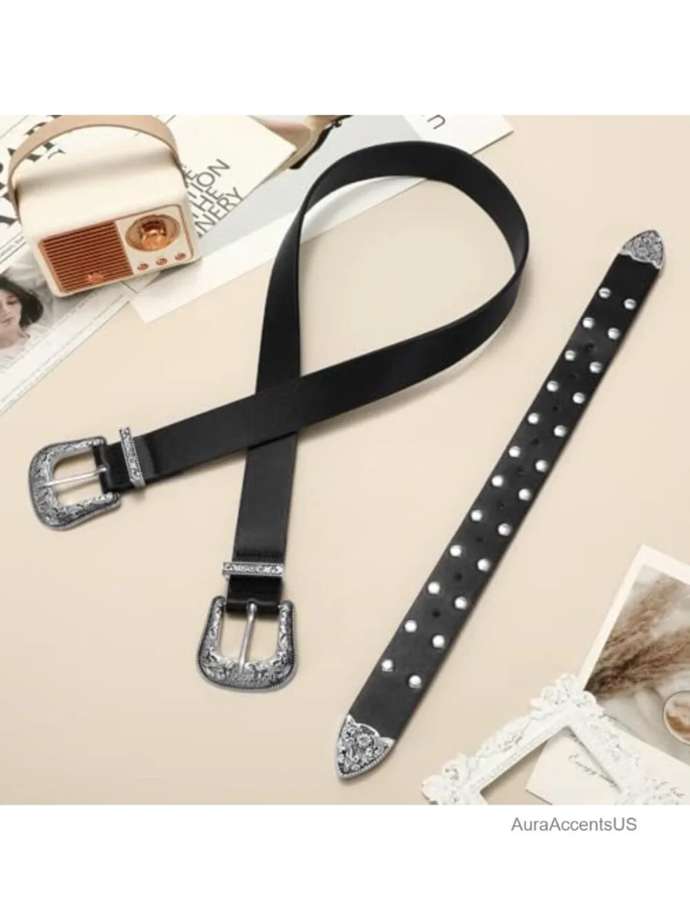 Vintage Double Buckle Faux Leather Belt for Women Cowgirl Style Denim Dress